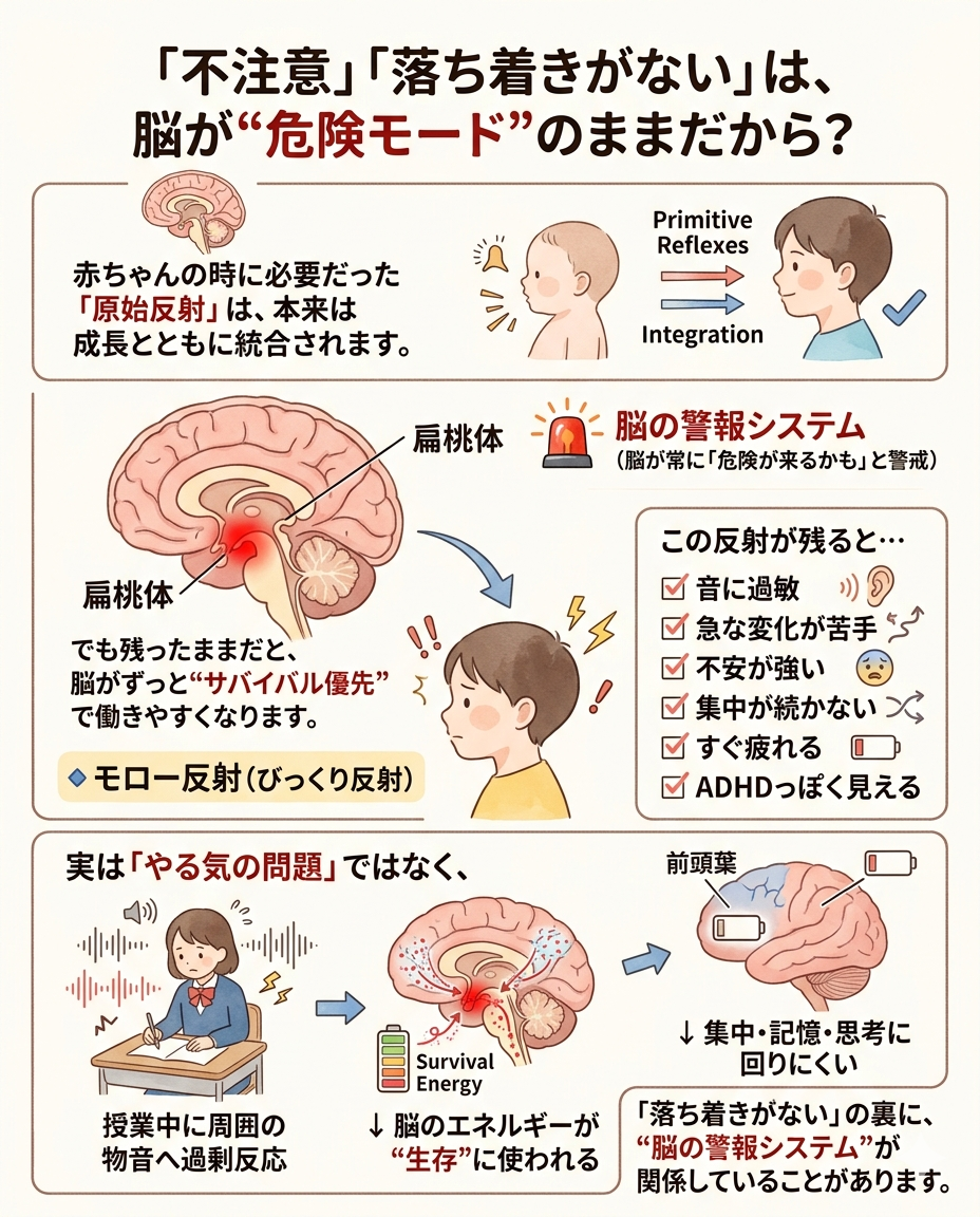 「落ち着きがない」「字が苦手」は性格ではなく、“原始反射”が関係していることがあります